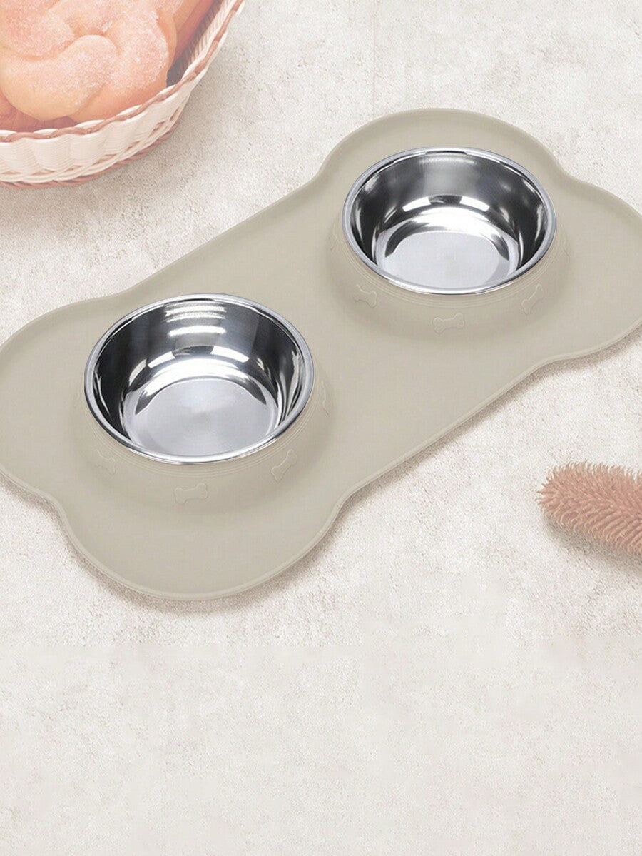Anti-spill double pet bowl feeder with non-skid mat for dogs and cats