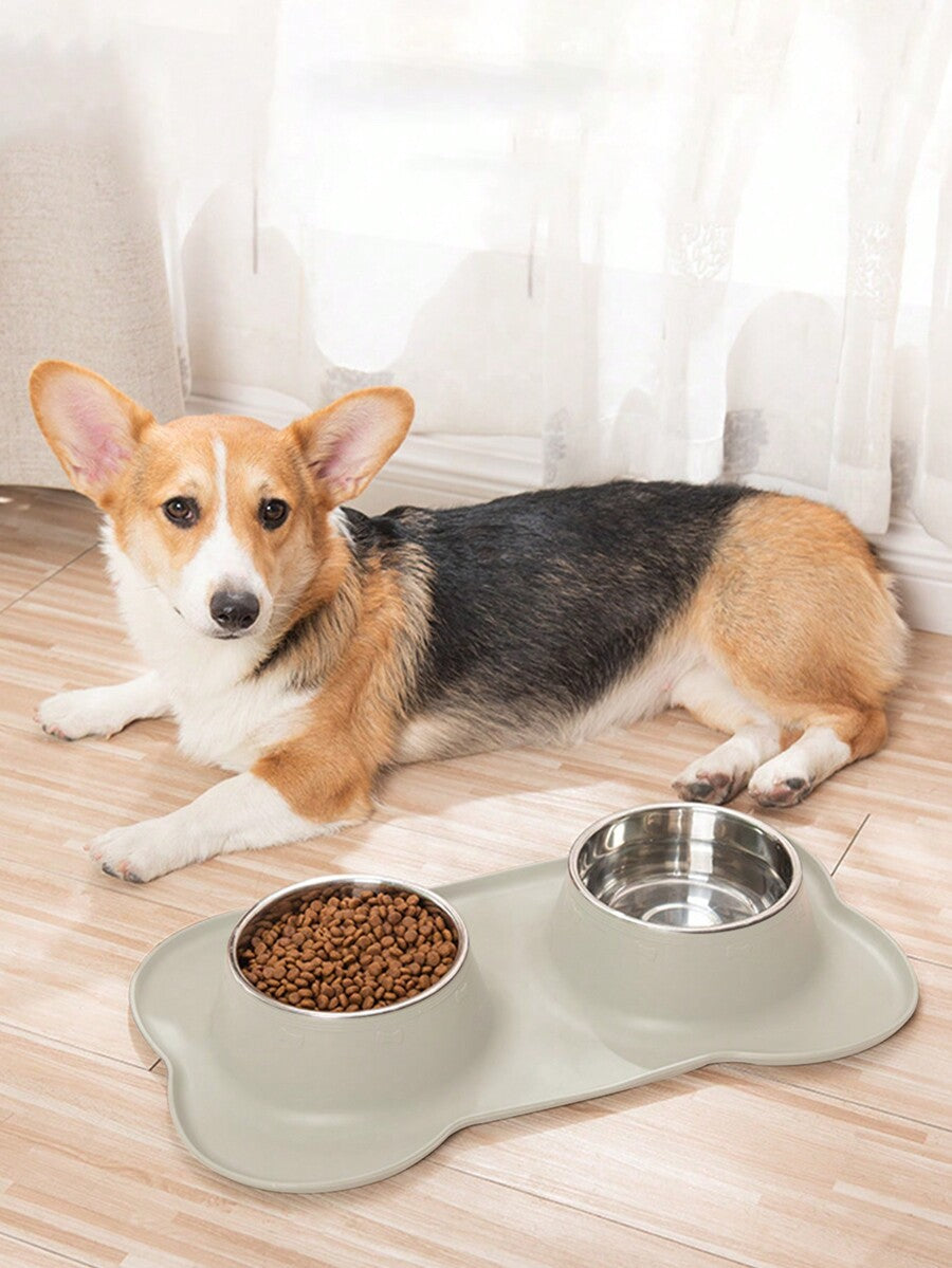 Anti-spill double pet bowl feeder with non-skid mat for dogs and cats