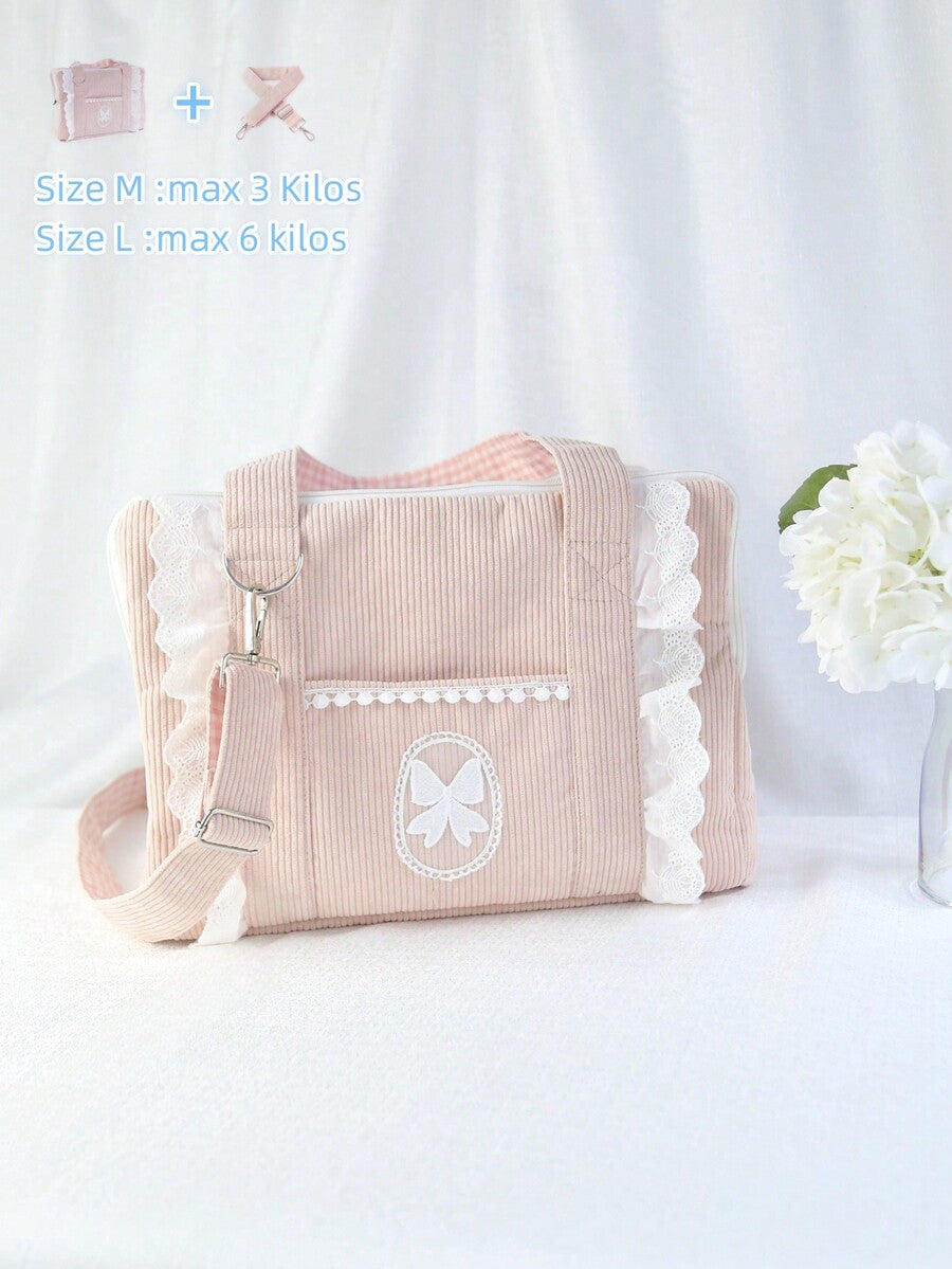 Pink polyester pet carrier bag with shoulder strap for small dogs and cats