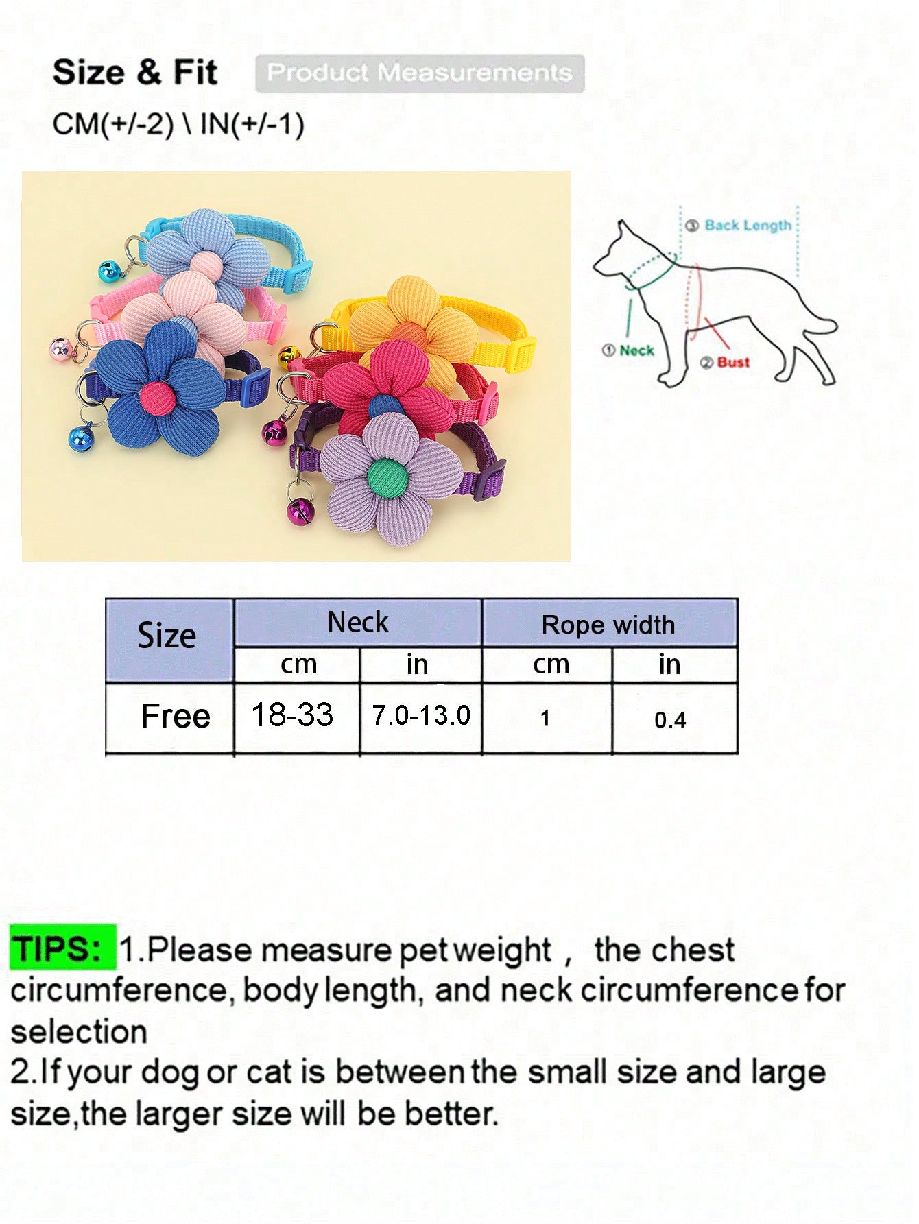 Small cat and dog pet collar with 3D floral bow knot and bell, made from polyamide in a plain multicolor design