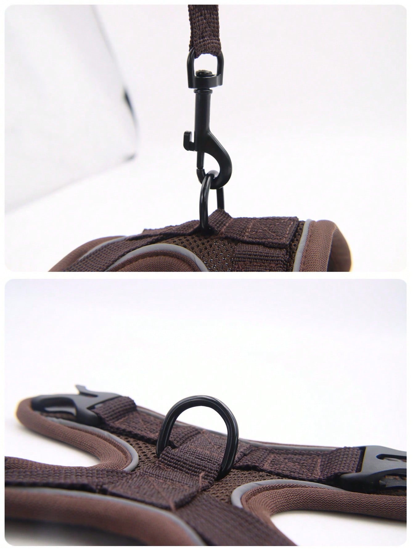 Coffee brown reflective pet harness and leash set for cat or dog with adjustable escape-proof soft mesh design