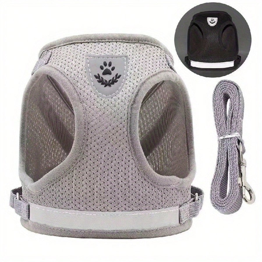 Multicolor reflective polyester vest harness and leash set for cats and dogs with brush and foldable food bowl for outdoor walking and travel