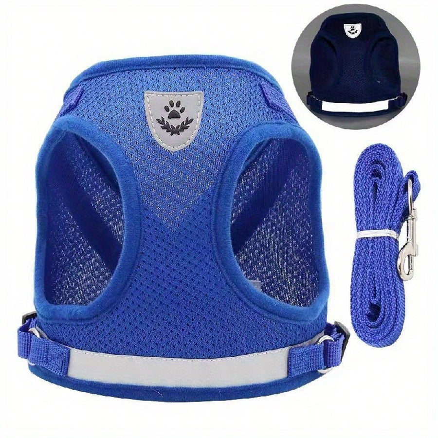 Multicolor reflective polyester vest harness and leash set for cats and dogs with brush and foldable food bowl for outdoor walking and travel