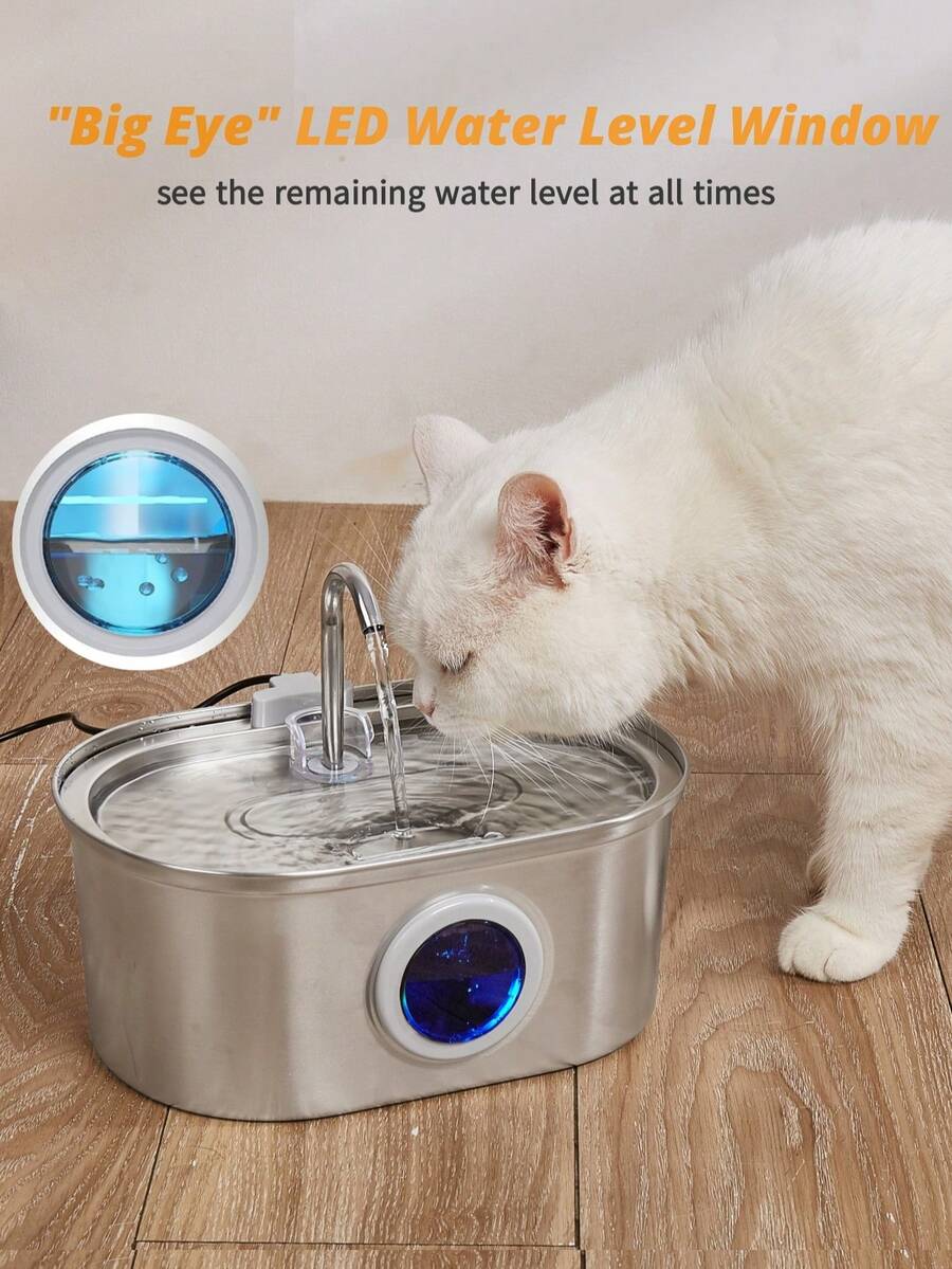 3.2L stainless steel automatic pet water fountain with built-in LED night light and USB power cord for dogs and cats.