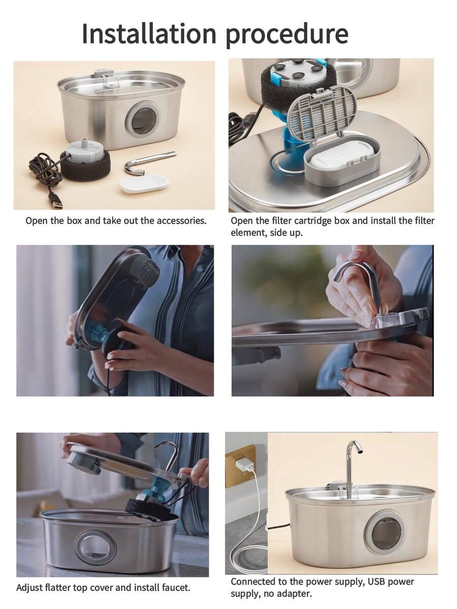 3.2L stainless steel automatic pet water fountain with built-in LED night light and USB power cord for dogs and cats.