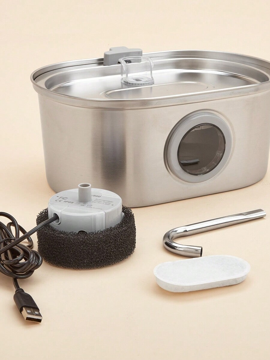 3.2L stainless steel automatic pet water fountain with built-in LED night light and USB power cord for dogs and cats.