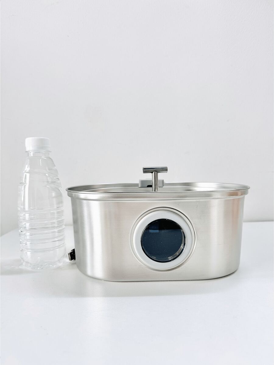 3.2L stainless steel automatic pet water fountain with built-in LED night light and USB power cord for dogs and cats.