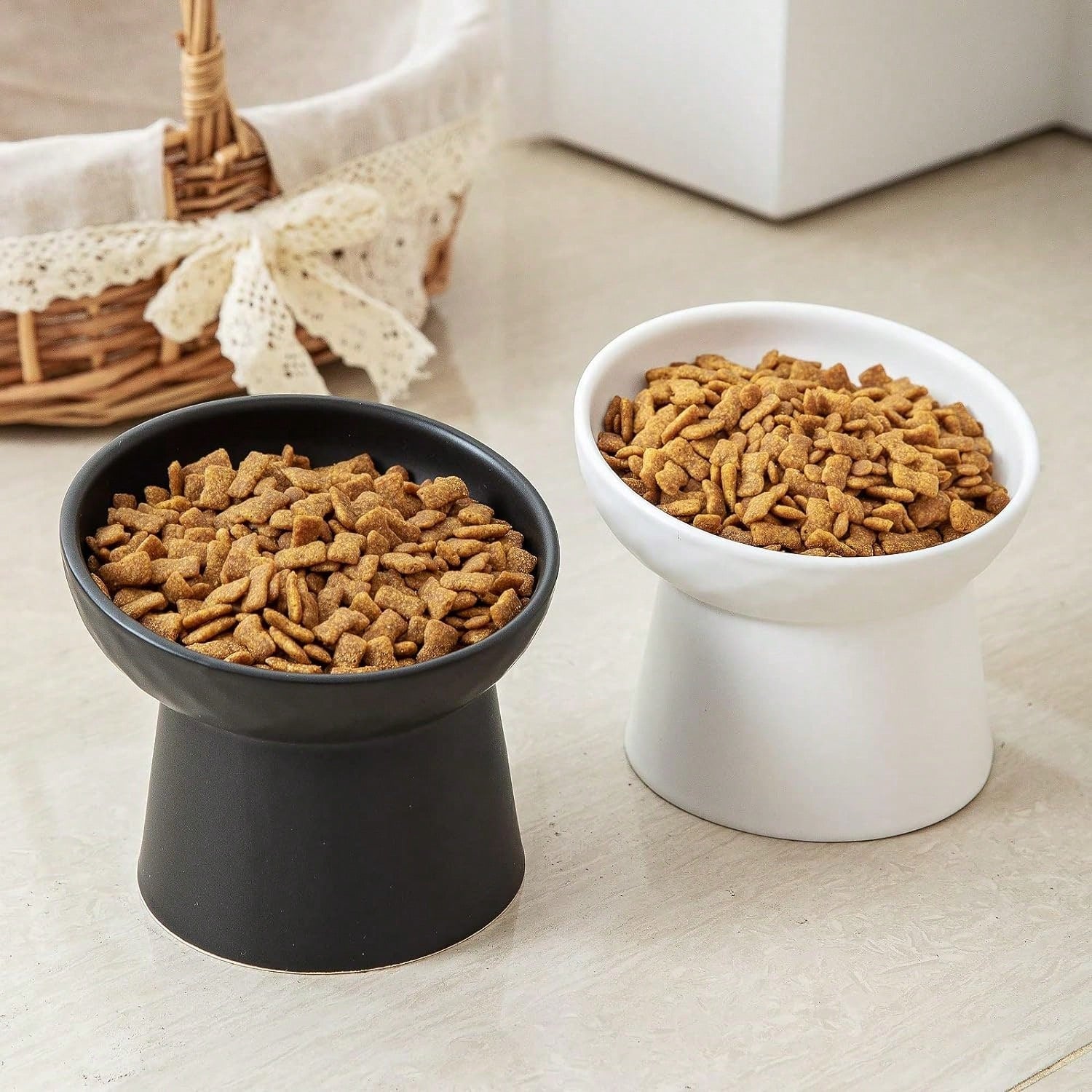 1pc Ceramic Cat Bowl With Raised Stand And Slanted Edge, Protect Cat Neck, Anti-Black Chin,Black Cat Feeder