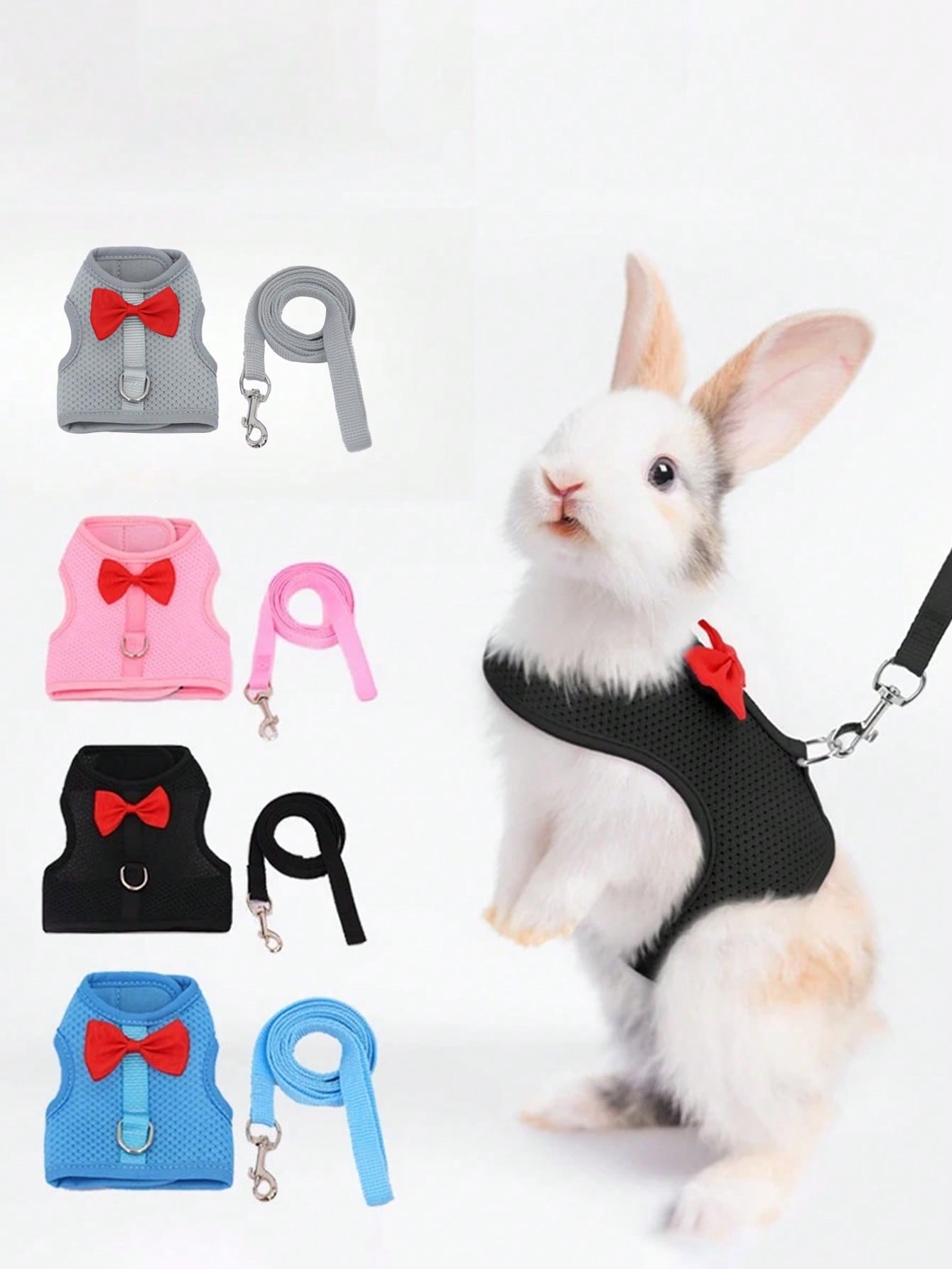 Multicolor breathable polyester rabbit harness and leash set for small animals