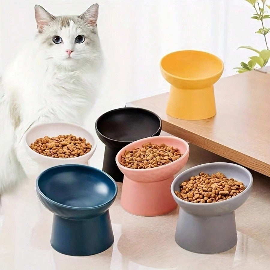 1pc Ceramic Cat Bowl With Raised Stand And Slanted Edge, Protect Cat Neck, Anti-Black Chin,Black Cat Feeder