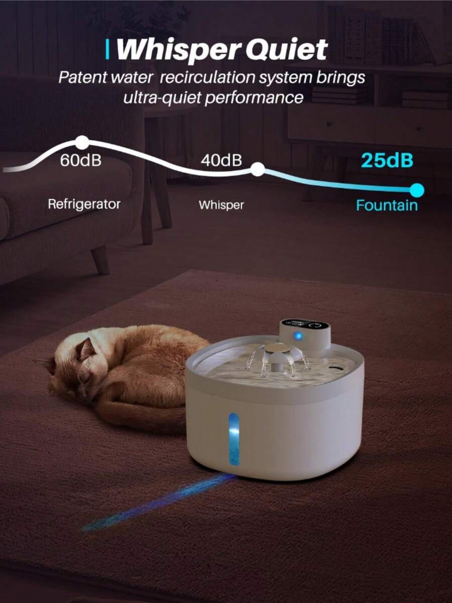 Multicolor 88oz 2.6L wireless automatic cat water fountain with motion sensor and rechargeable battery powered ABS structure.