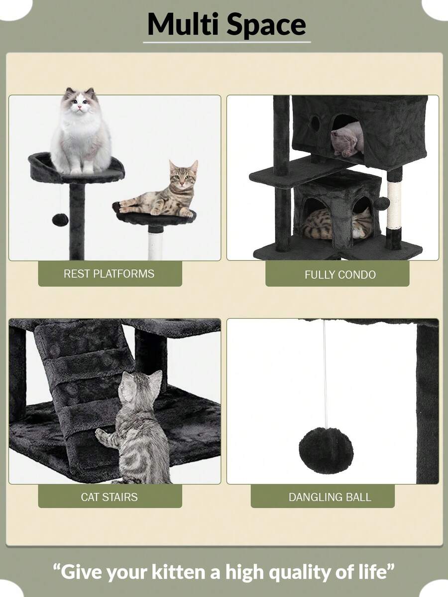 Dark gray 54-inch multi-level cat tree tower featuring 3 top perches, 2 cozy condos, scratching posts, and hanging toys for indoor cats.
