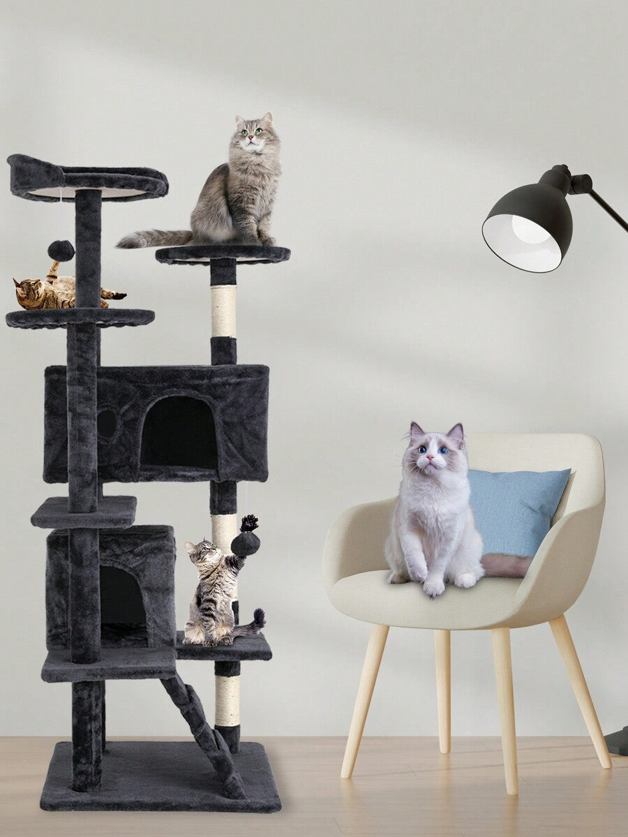 Dark gray 54-inch multi-level cat tree tower featuring 3 top perches, 2 cozy condos, scratching posts, and hanging toys for indoor cats.