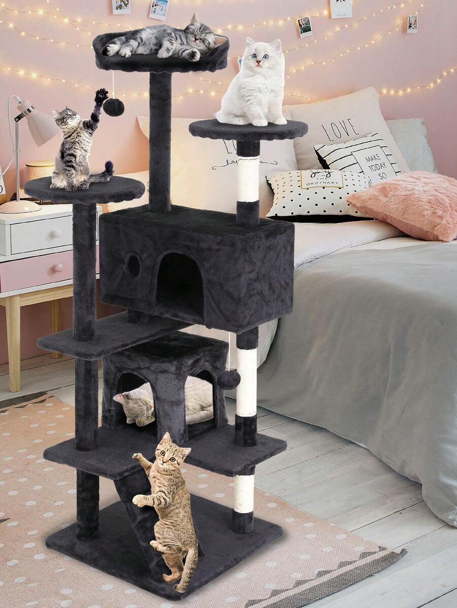 Dark gray 54-inch multi-level cat tree tower featuring 3 top perches, 2 cozy condos, scratching posts, and hanging toys for indoor cats.