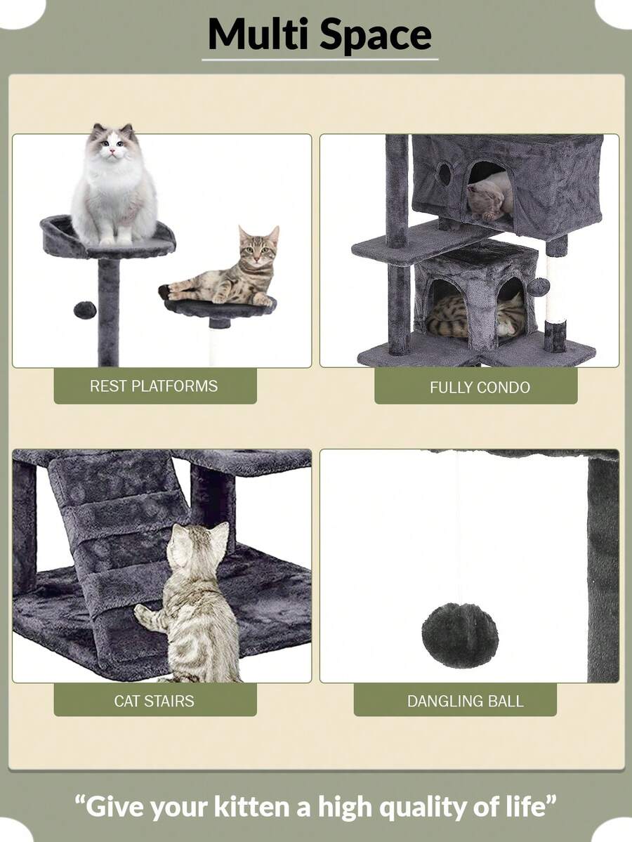 Dark gray 54-inch multi-level cat tree tower featuring 3 top perches, 2 cozy condos, scratching posts, and hanging toys for indoor cats.