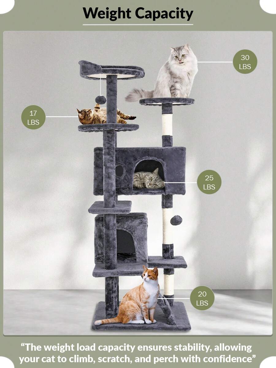 Dark gray 54-inch multi-level cat tree tower featuring 3 top perches, 2 cozy condos, scratching posts, and hanging toys for indoor cats.