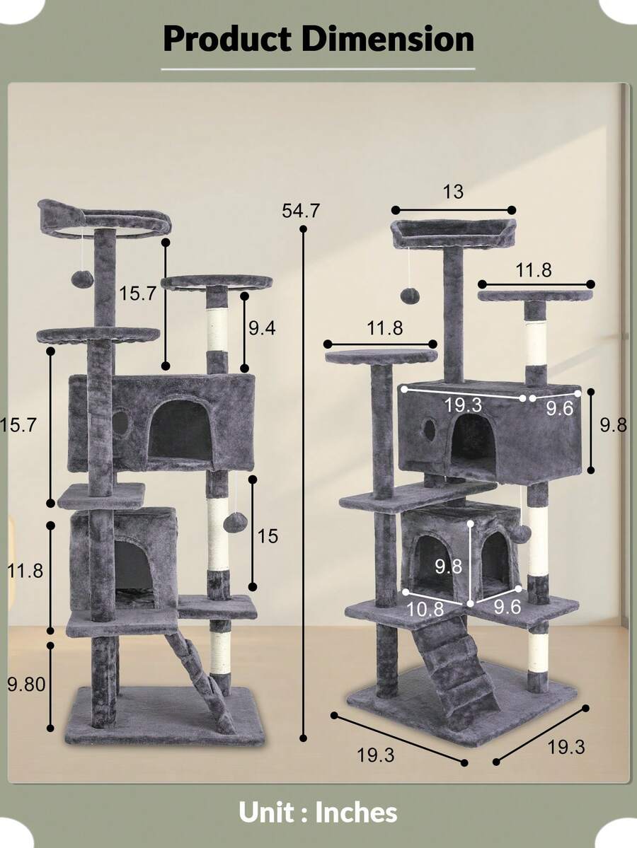 Dark gray 54-inch multi-level cat tree tower featuring 3 top perches, 2 cozy condos, scratching posts, and hanging toys for indoor cats.