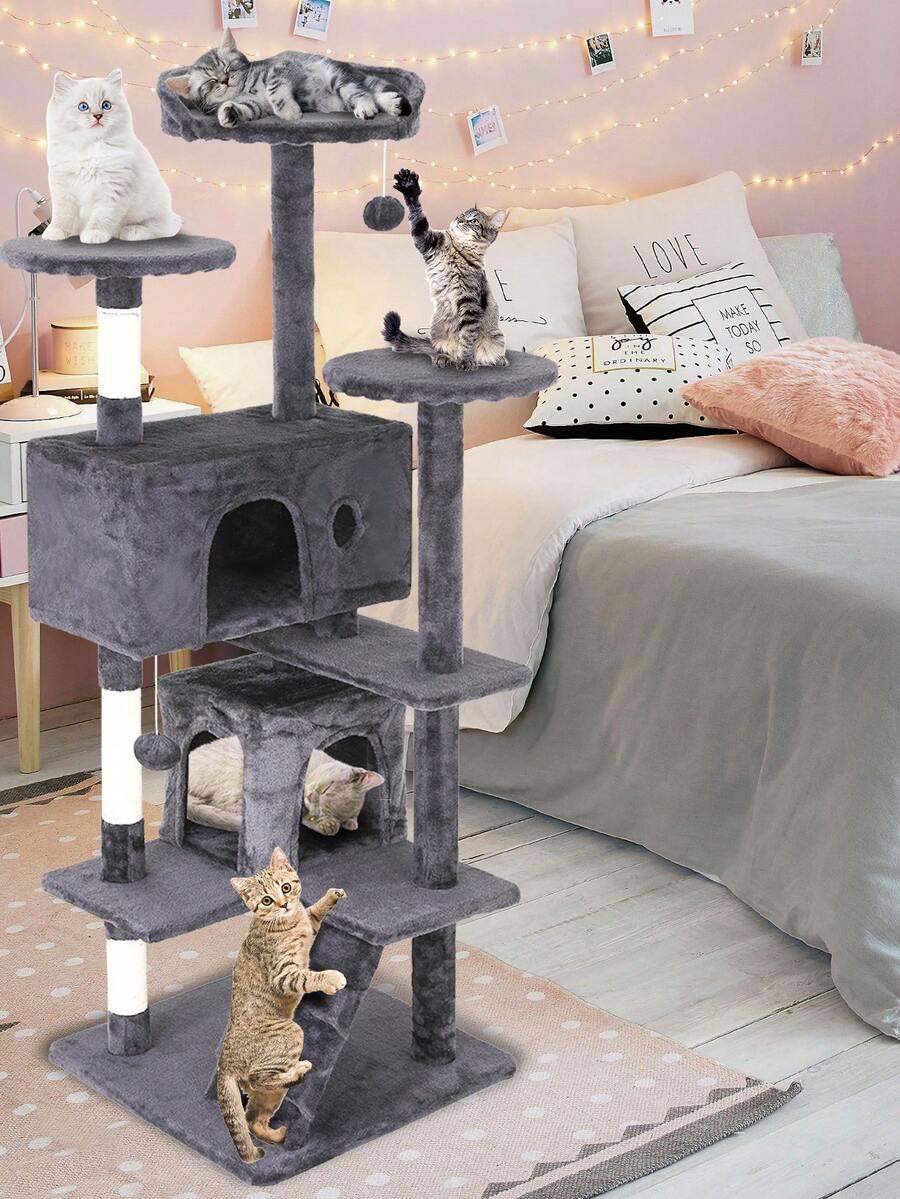 Dark gray 54-inch multi-level cat tree tower featuring 3 top perches, 2 cozy condos, scratching posts, and hanging toys for indoor cats.