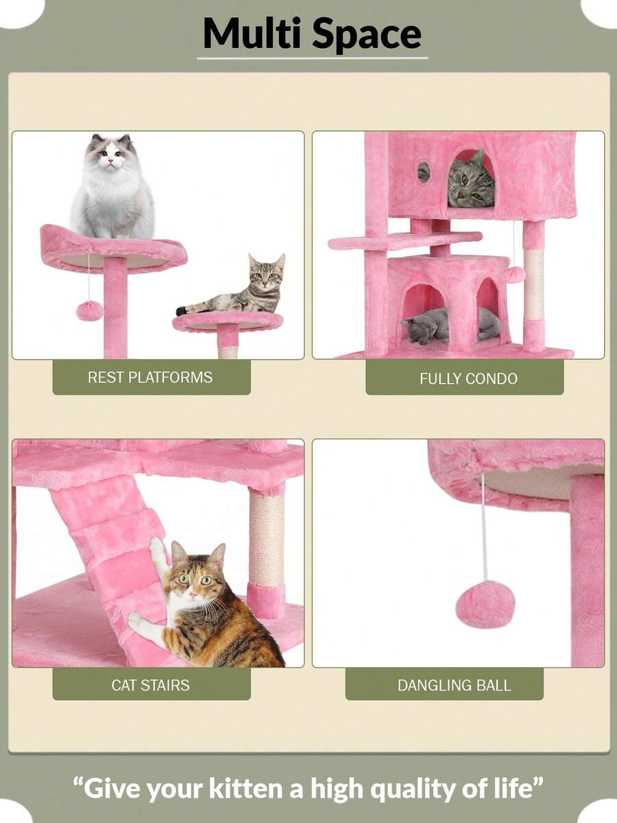 Dark gray 54-inch multi-level cat tree tower featuring 3 top perches, 2 cozy condos, scratching posts, and hanging toys for indoor cats.