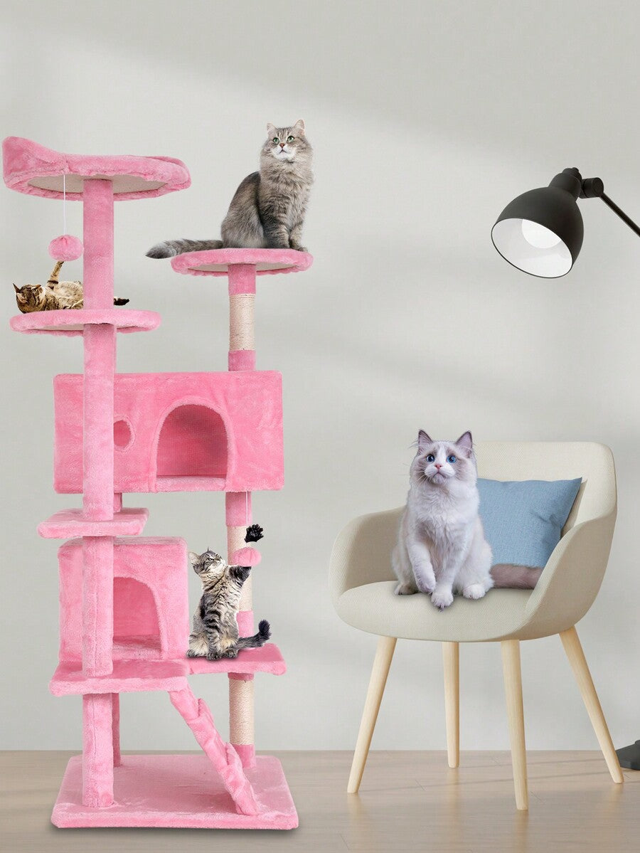 Dark gray 54-inch multi-level cat tree tower featuring 3 top perches, 2 cozy condos, scratching posts, and hanging toys for indoor cats.