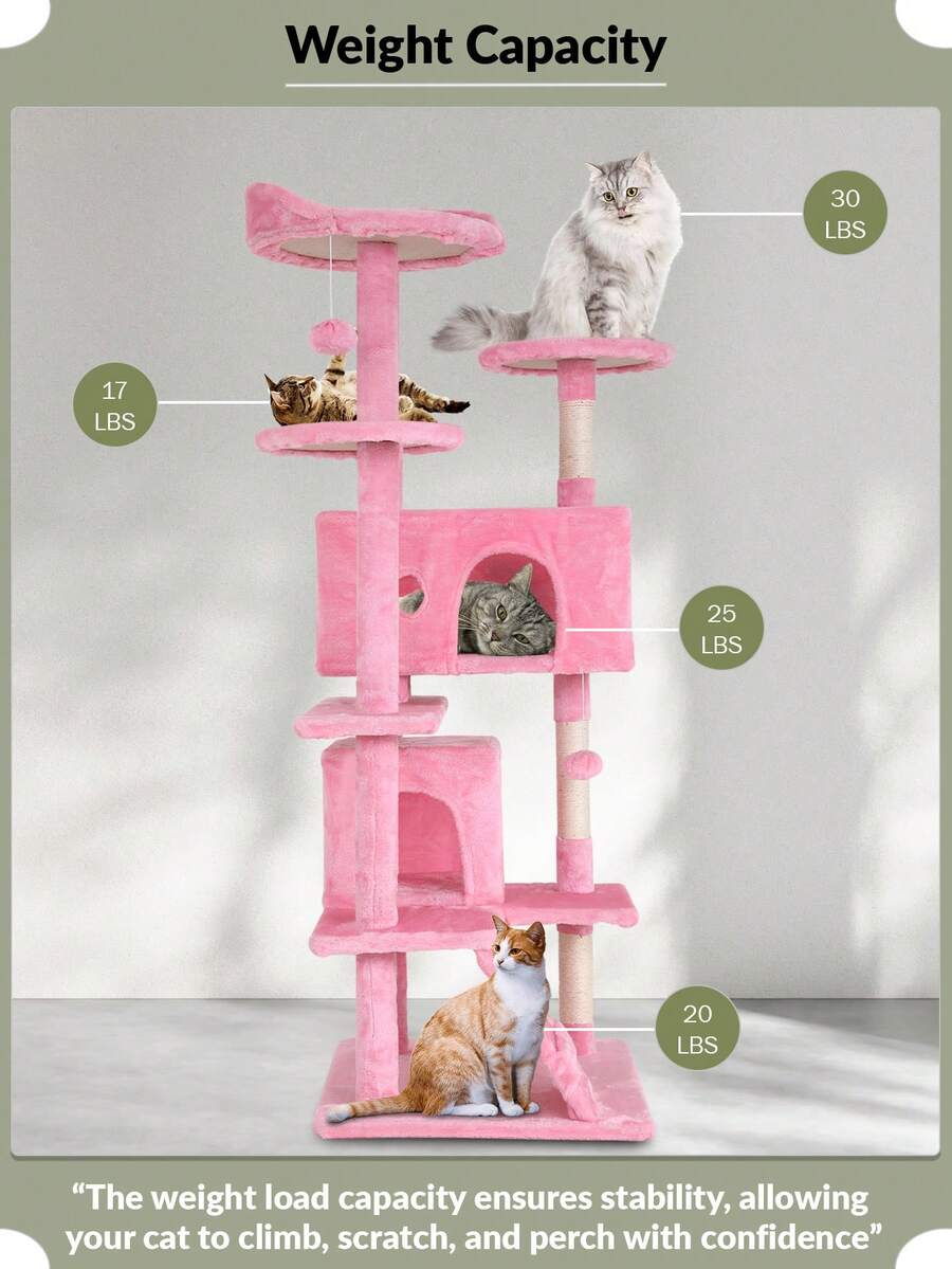 Dark gray 54-inch multi-level cat tree tower featuring 3 top perches, 2 cozy condos, scratching posts, and hanging toys for indoor cats.