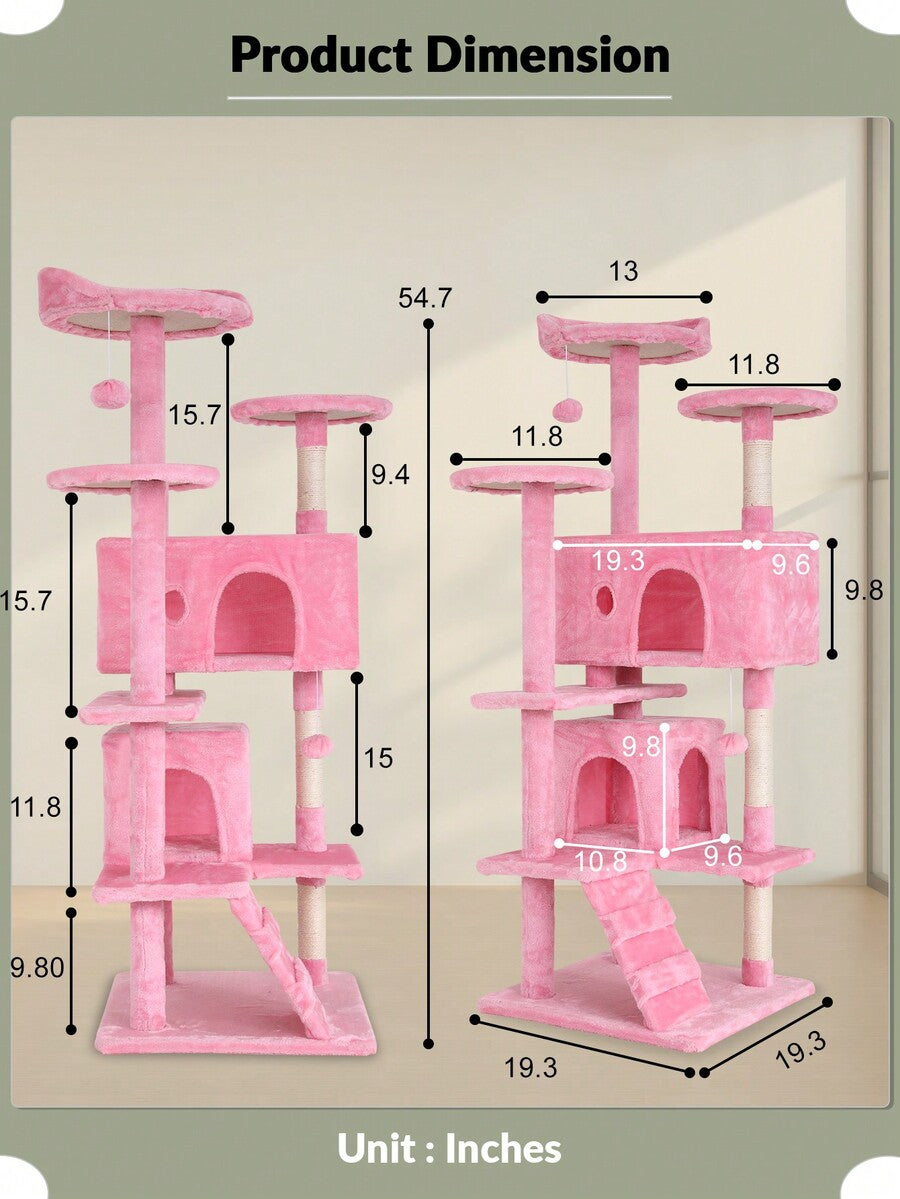 Dark gray 54-inch multi-level cat tree tower featuring 3 top perches, 2 cozy condos, scratching posts, and hanging toys for indoor cats.