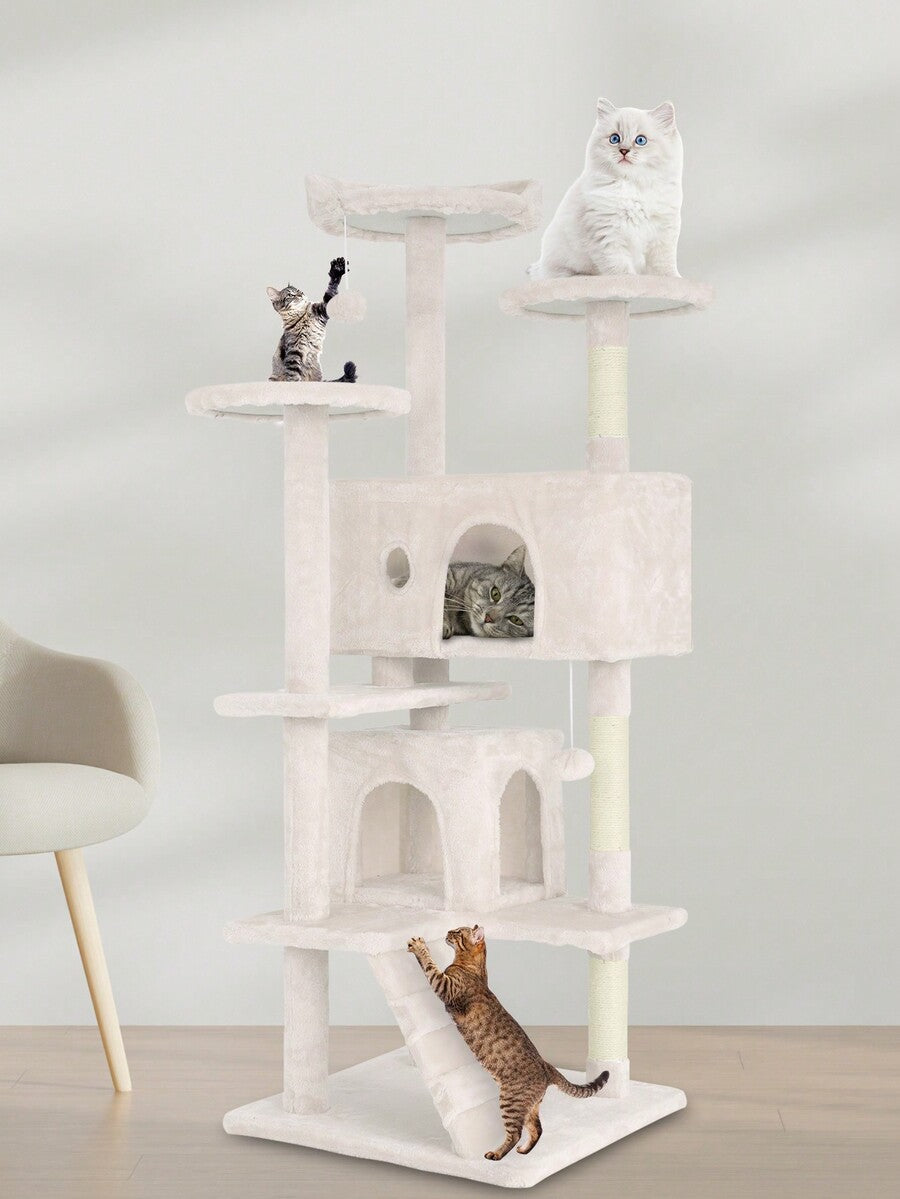 Dark gray 54-inch multi-level cat tree tower featuring 3 top perches, 2 cozy condos, scratching posts, and hanging toys for indoor cats.