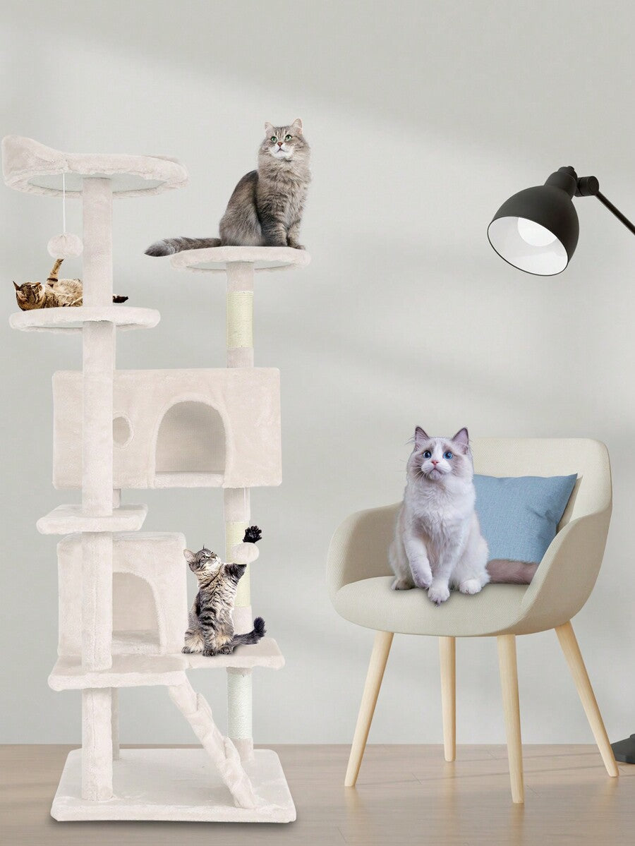 Dark gray 54-inch multi-level cat tree tower featuring 3 top perches, 2 cozy condos, scratching posts, and hanging toys for indoor cats.