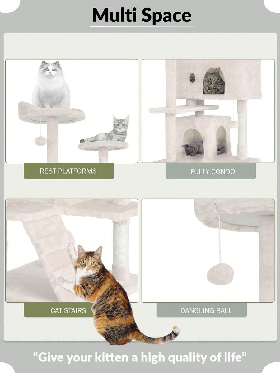Dark gray 54-inch multi-level cat tree tower featuring 3 top perches, 2 cozy condos, scratching posts, and hanging toys for indoor cats.