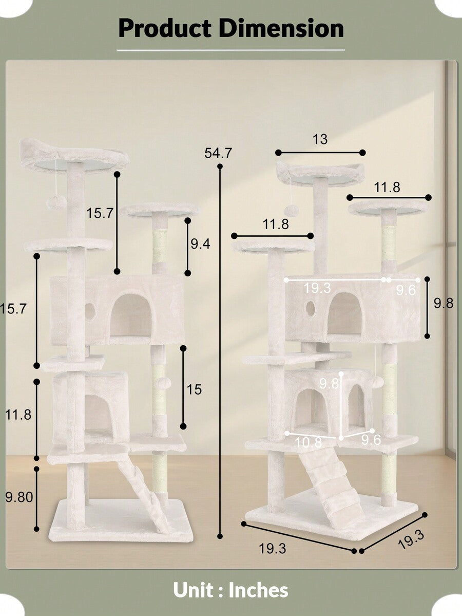 Dark gray 54-inch multi-level cat tree tower featuring 3 top perches, 2 cozy condos, scratching posts, and hanging toys for indoor cats.