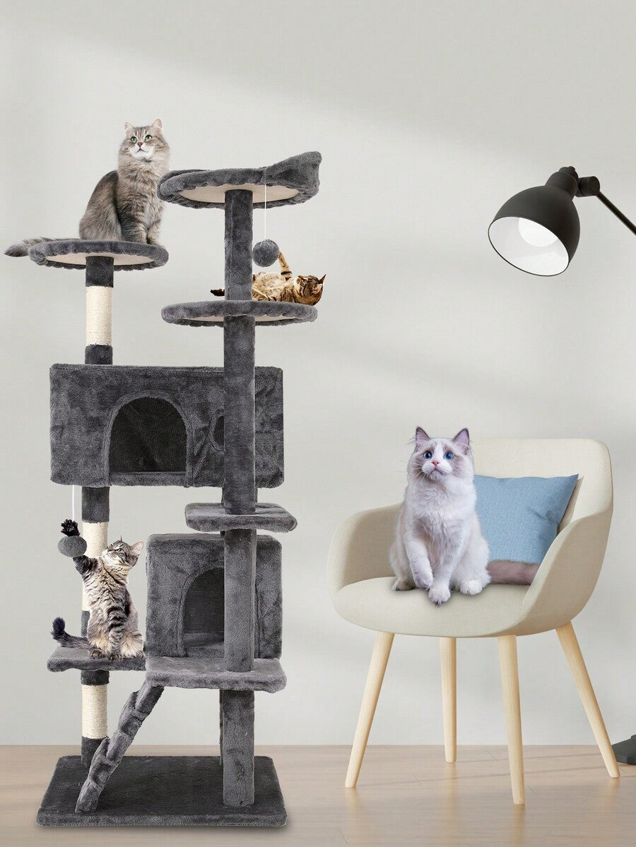 Dark gray 54-inch multi-level cat tree tower featuring 3 top perches, 2 cozy condos, scratching posts, and hanging toys for indoor cats.
