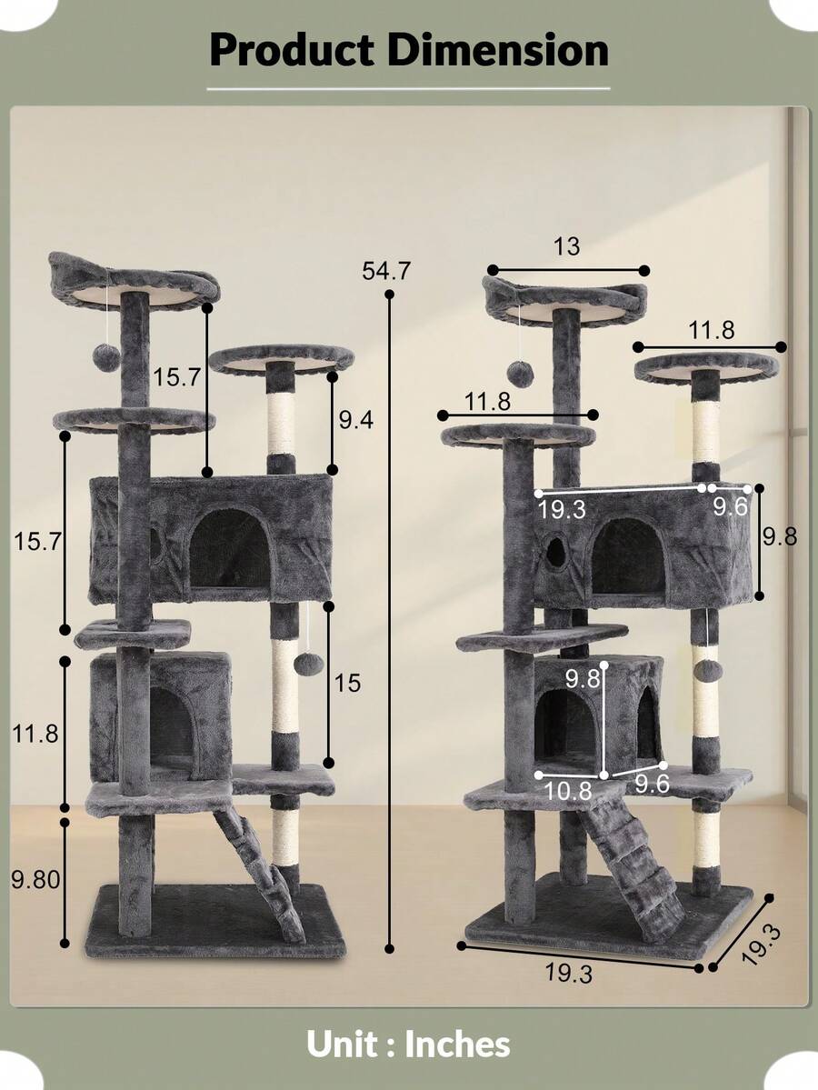 Dark gray 54-inch multi-level cat tree tower featuring 3 top perches, 2 cozy condos, scratching posts, and hanging toys for indoor cats.