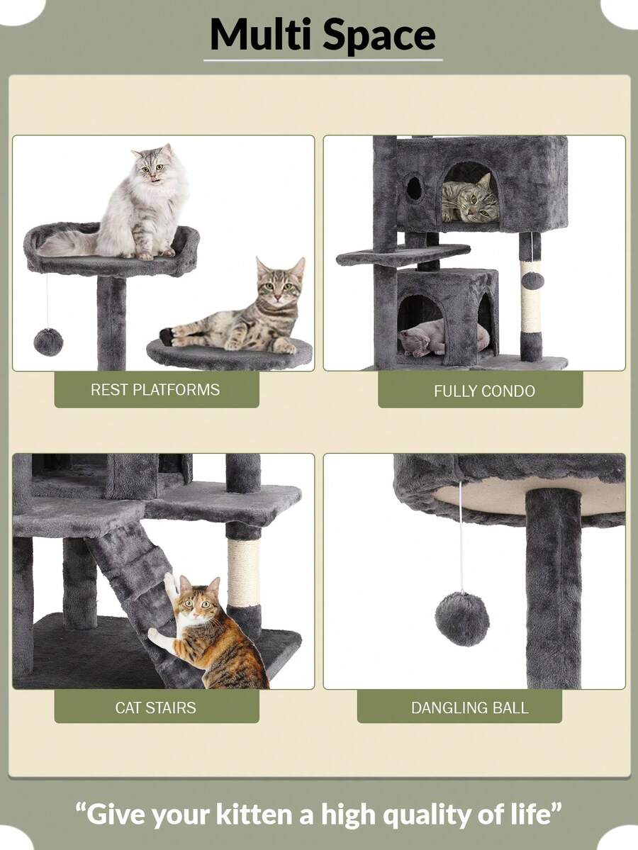 Dark gray 54-inch multi-level cat tree tower featuring 3 top perches, 2 cozy condos, scratching posts, and hanging toys for indoor cats.