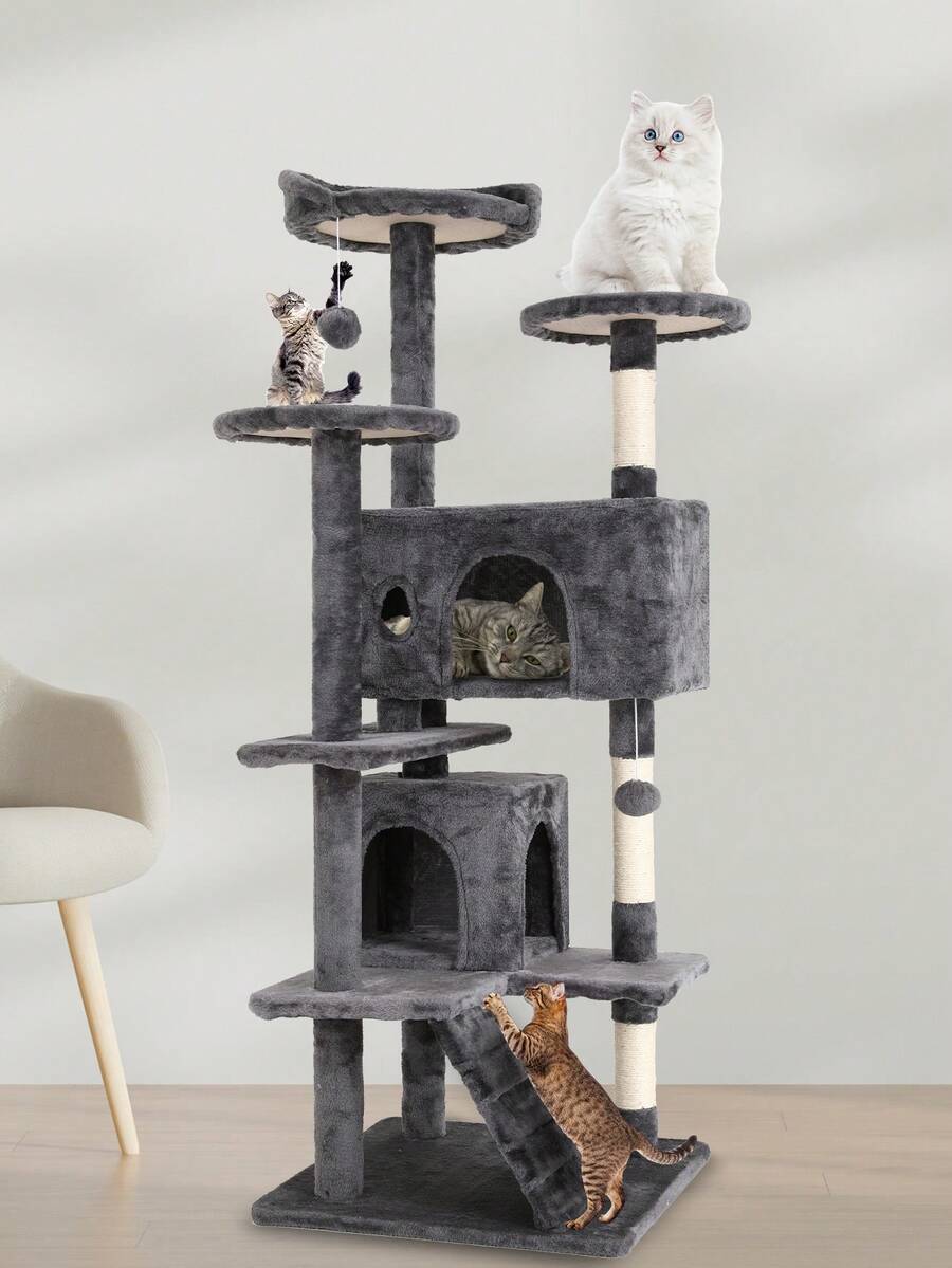 Dark gray 54-inch multi-level cat tree tower featuring 3 top perches, 2 cozy condos, scratching posts, and hanging toys for indoor cats.