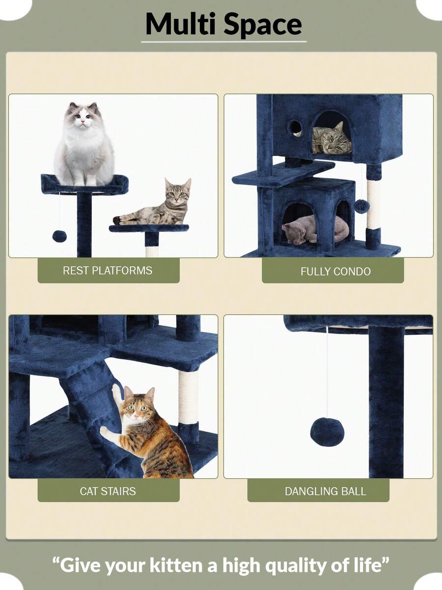 Dark gray 54-inch multi-level cat tree tower featuring 3 top perches, 2 cozy condos, scratching posts, and hanging toys for indoor cats.