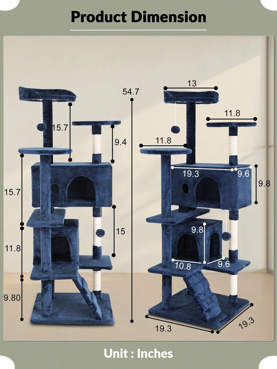 Dark gray 54-inch multi-level cat tree tower featuring 3 top perches, 2 cozy condos, scratching posts, and hanging toys for indoor cats.