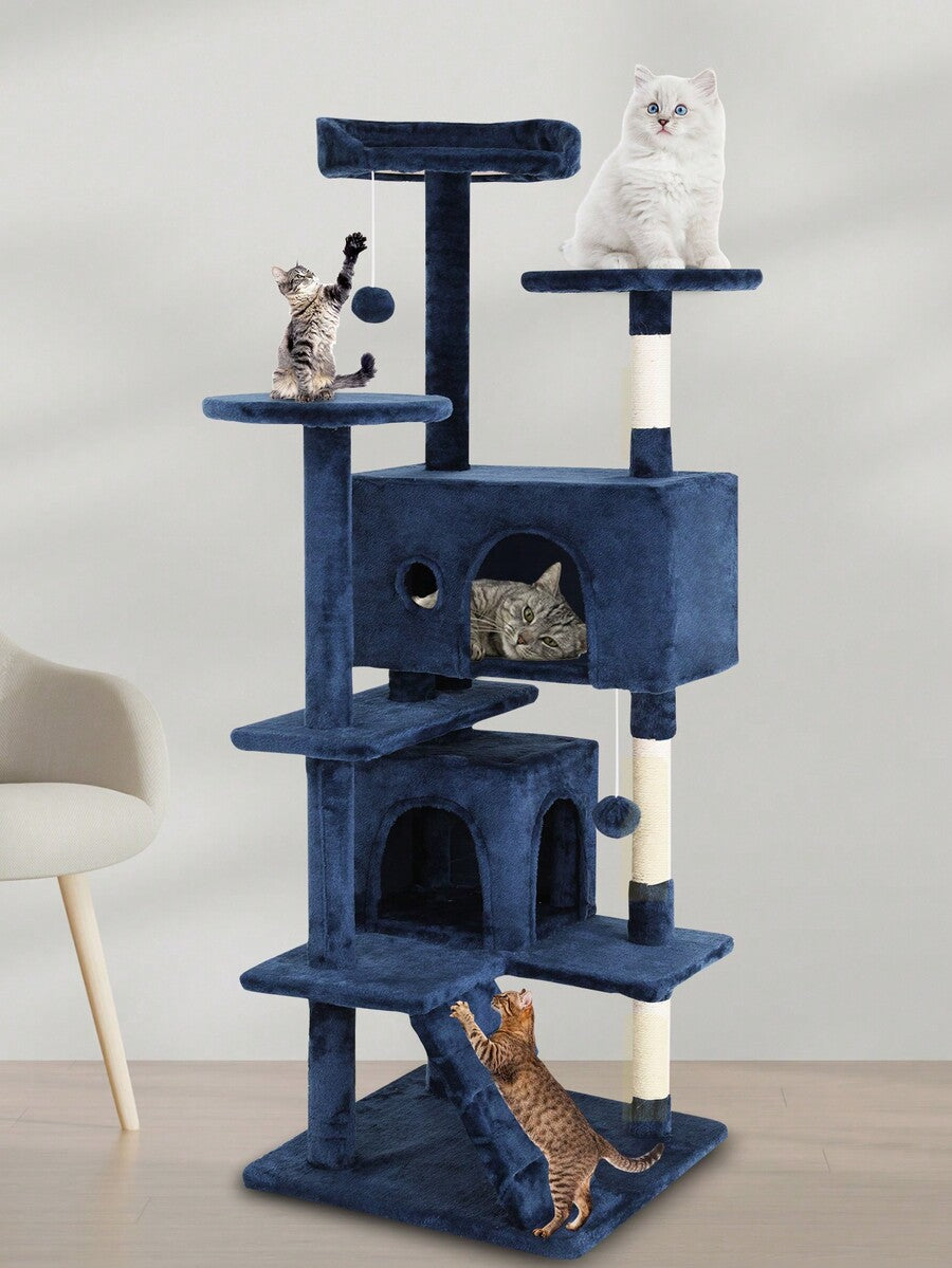 Dark gray 54-inch multi-level cat tree tower featuring 3 top perches, 2 cozy condos, scratching posts, and hanging toys for indoor cats.