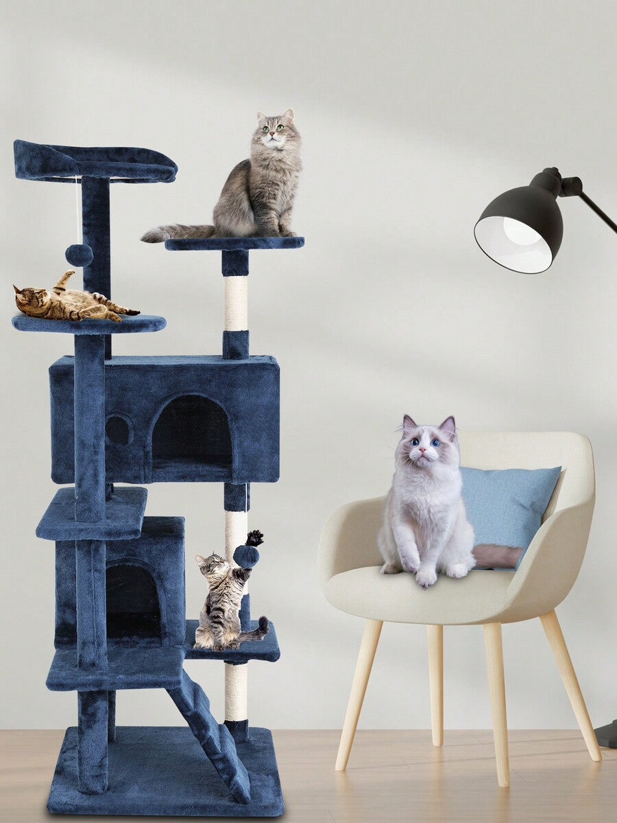 Dark gray 54-inch multi-level cat tree tower featuring 3 top perches, 2 cozy condos, scratching posts, and hanging toys for indoor cats.