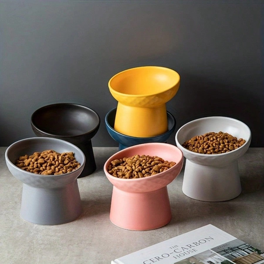 1pc Ceramic Cat Bowl With Raised Stand And Slanted Edge, Protect Cat Neck, Anti-Black Chin,Black Cat Feeder