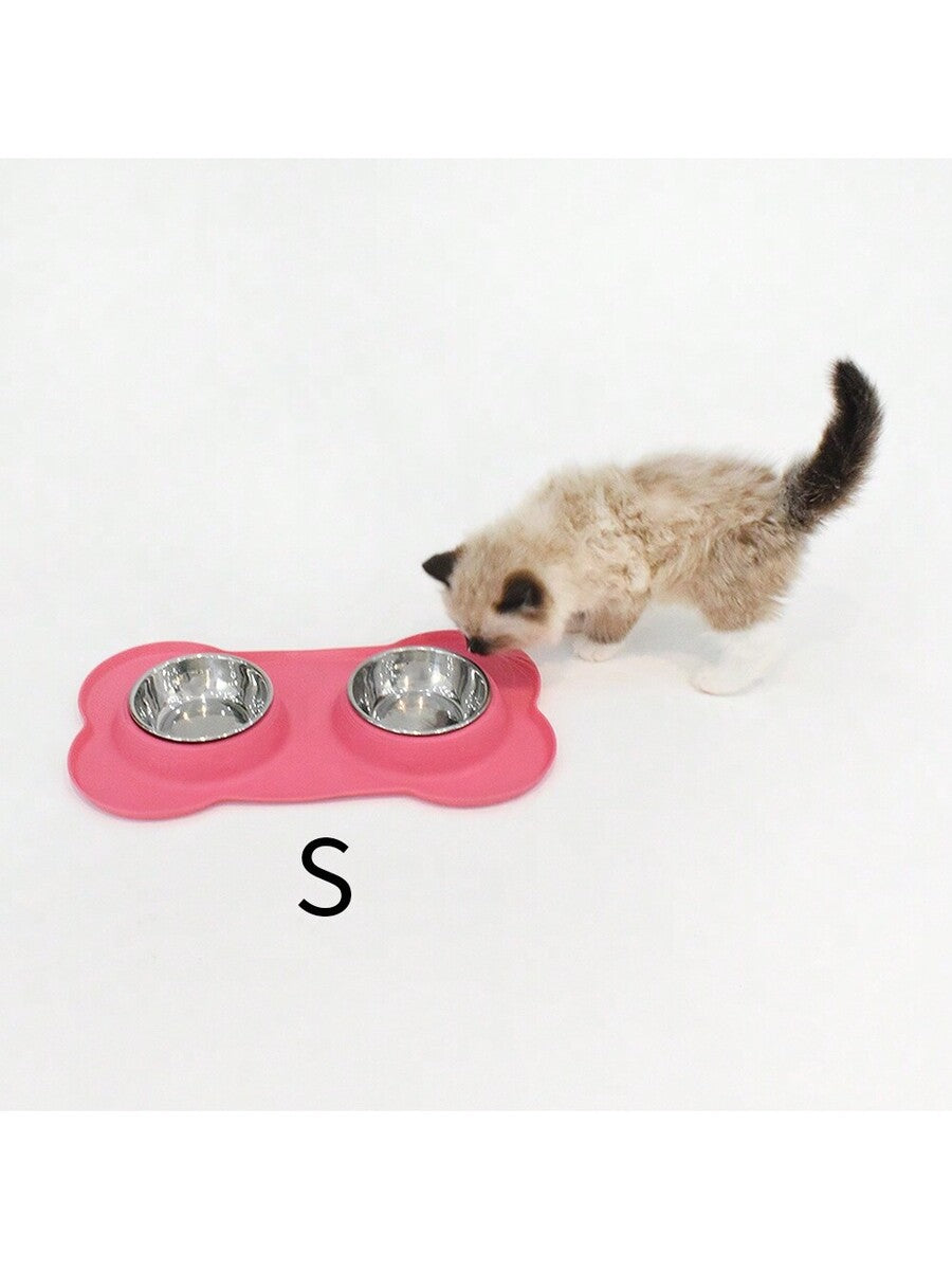 Anti-spill double pet bowl feeder with non-skid mat for dogs and cats