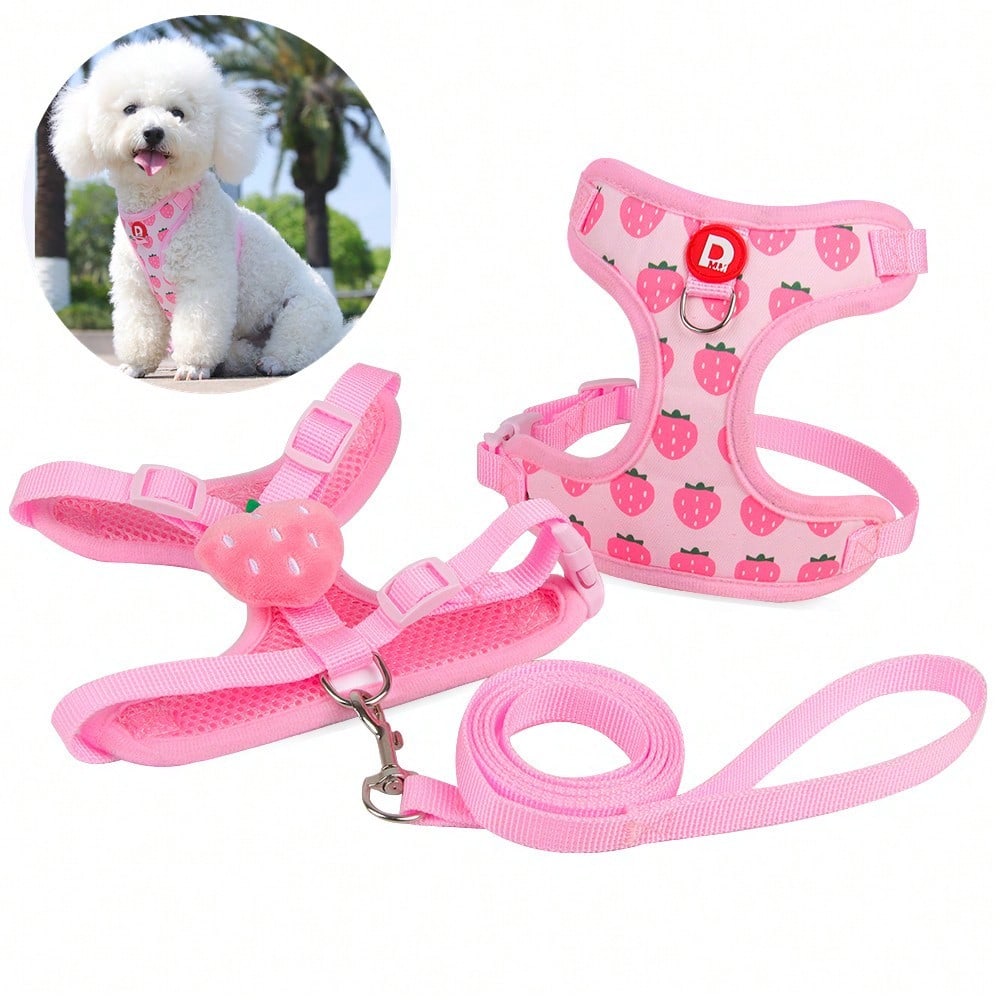 Adjustable pink polyester pet harness and leash set for cats and small dogs, anti-escape vest style for outdoor walking