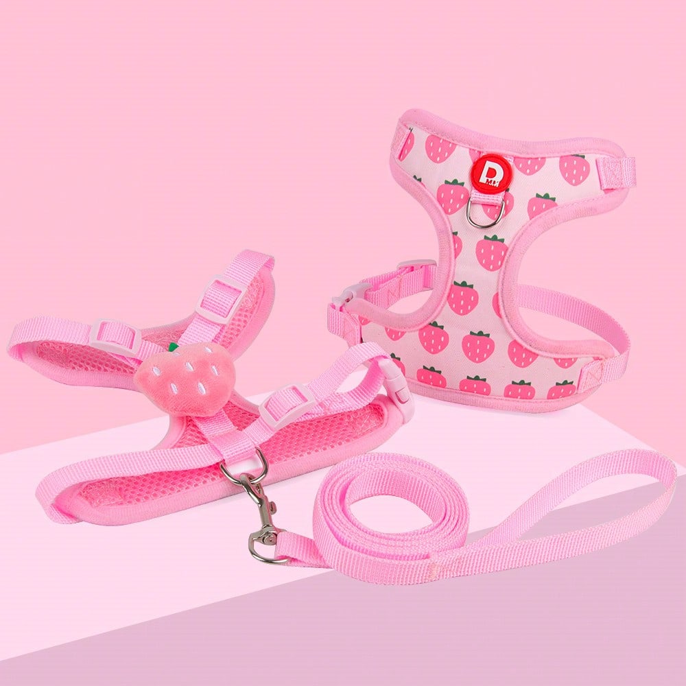 Adjustable pink polyester pet harness and leash set for cats and small dogs, anti-escape vest style for outdoor walking