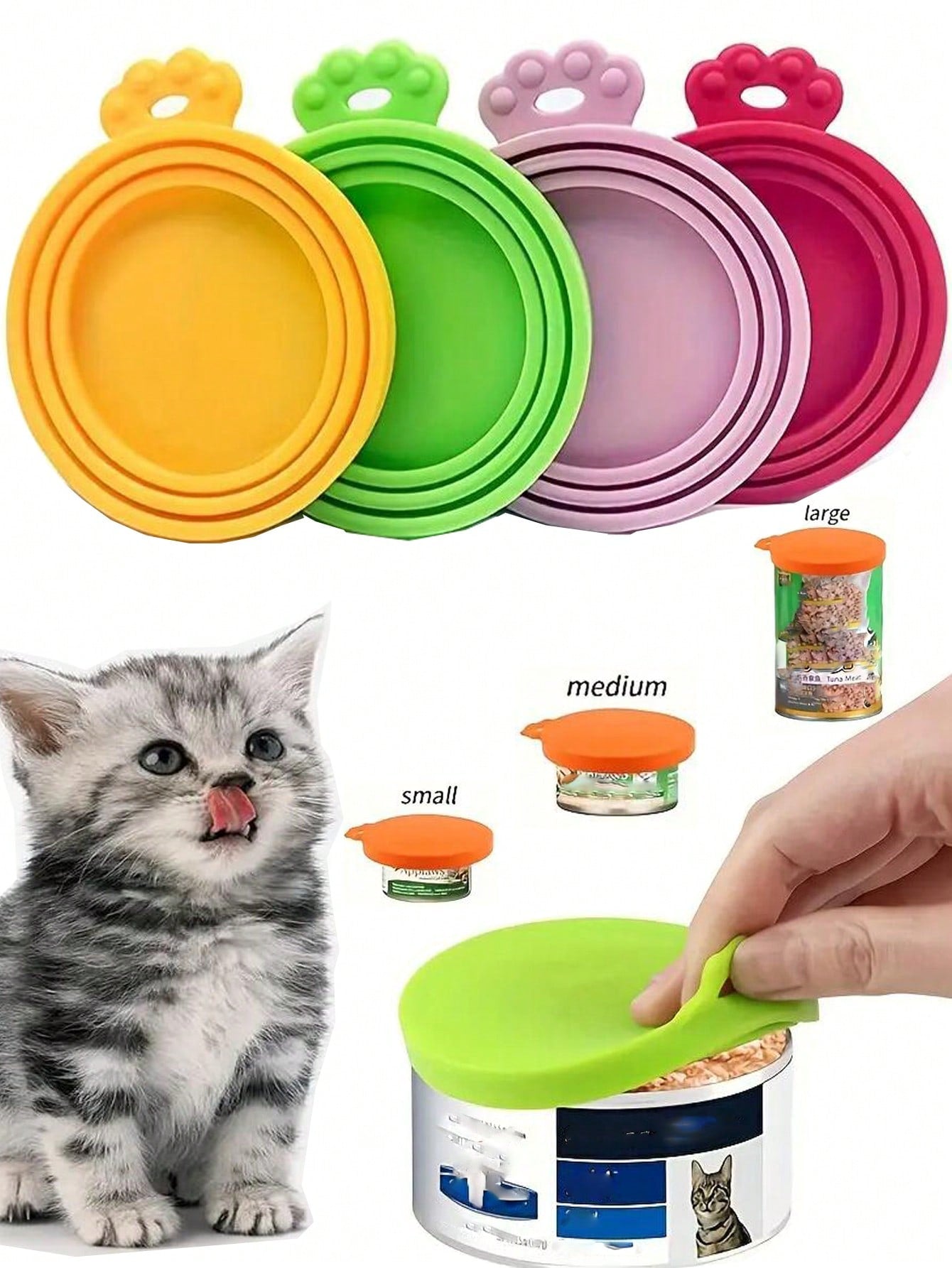 Multicolor silicone pet food can cover featuring cartoon animal patterns for cat and dog food cans