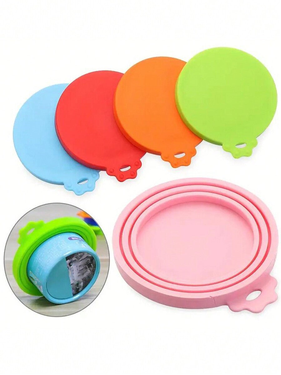 Multicolor silicone pet food can cover featuring cartoon animal patterns for cat and dog food cans