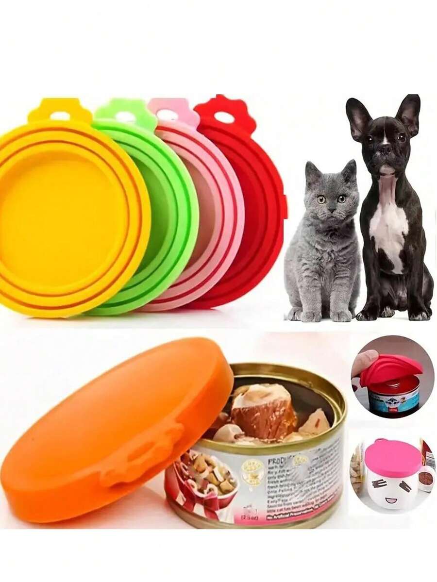 Multicolor silicone pet food can cover featuring cartoon animal patterns for cat and dog food cans