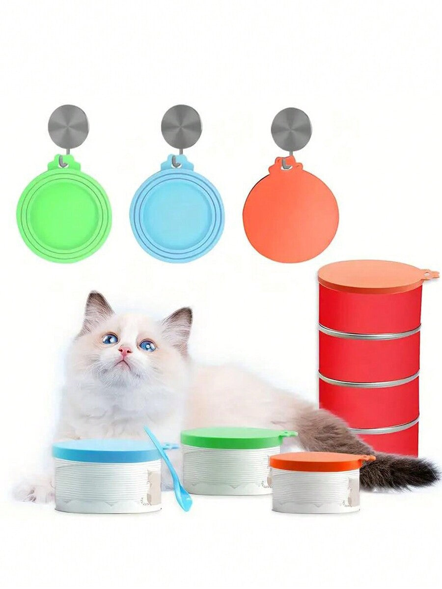 Multicolor silicone pet food can cover featuring cartoon animal patterns for cat and dog food cans