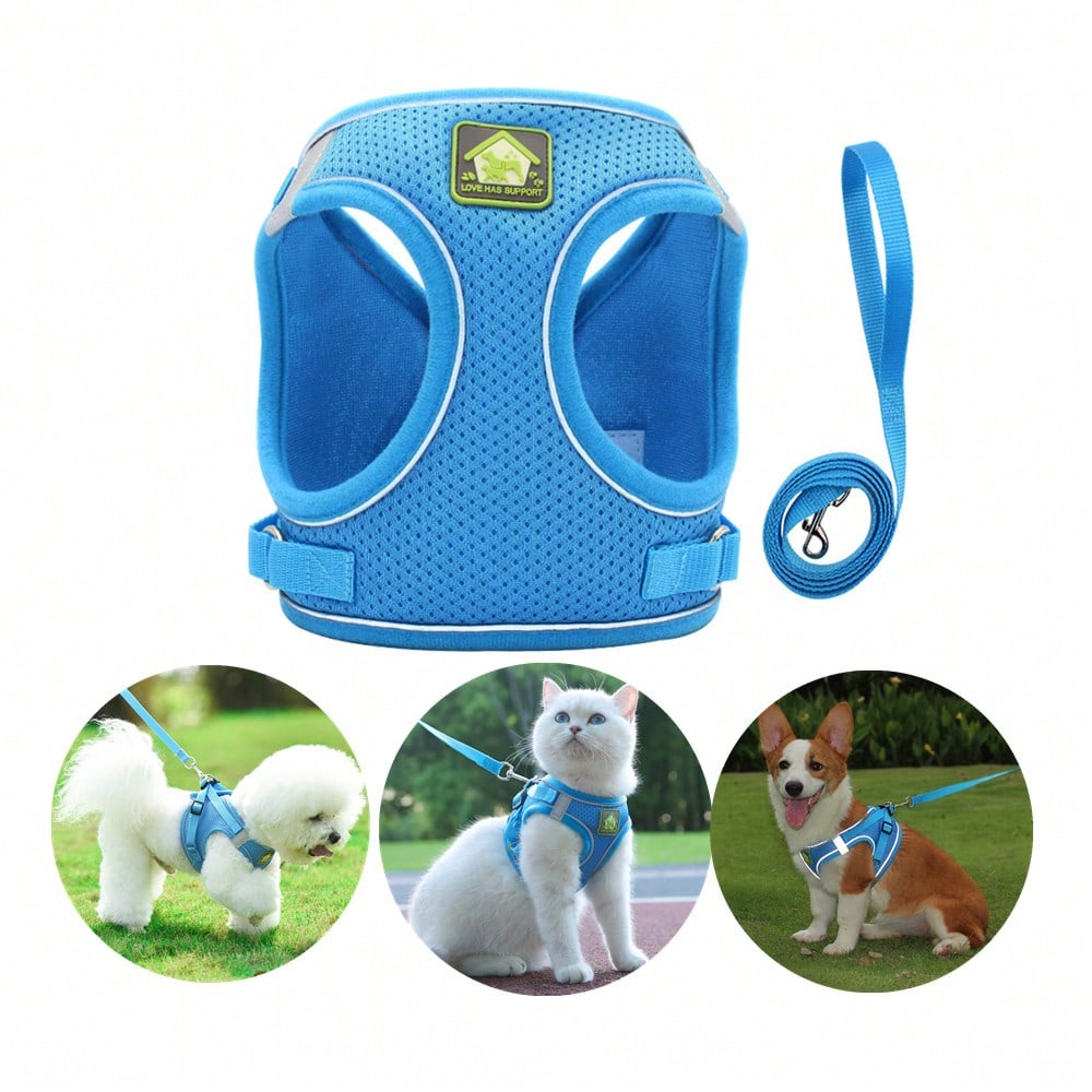 Adjustable vest-style pet harness and leash set for small and medium dogs and cats, made with breathable mesh and reflective stripes for no-pull walking.