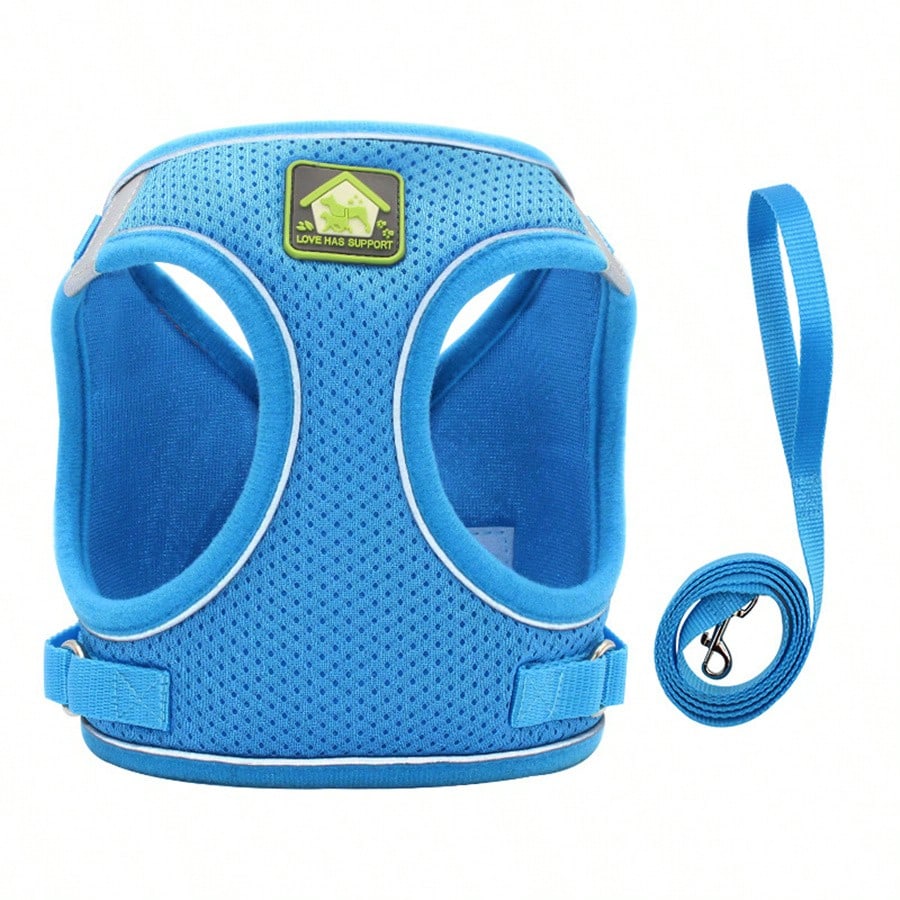 Adjustable vest-style pet harness and leash set for small and medium dogs and cats, made with breathable mesh and reflective stripes for no-pull walking.