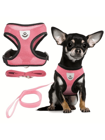 Pet cat and dog leash set with adjustable escape-proof harness, reflective safety strap, collar, and soft breathable polyester mesh