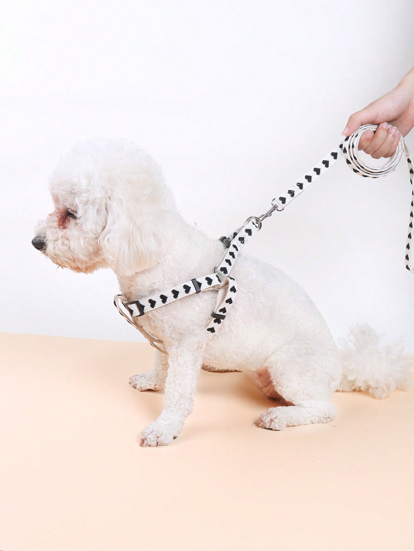Pink polyester pet collar, harness and leash 3-piece set with geometric heart pattern for cats and small dogs